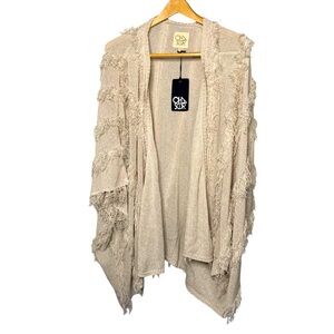 Cha Sor beige neutral lightweight frayed striped boho western cardigan SZ-M/L